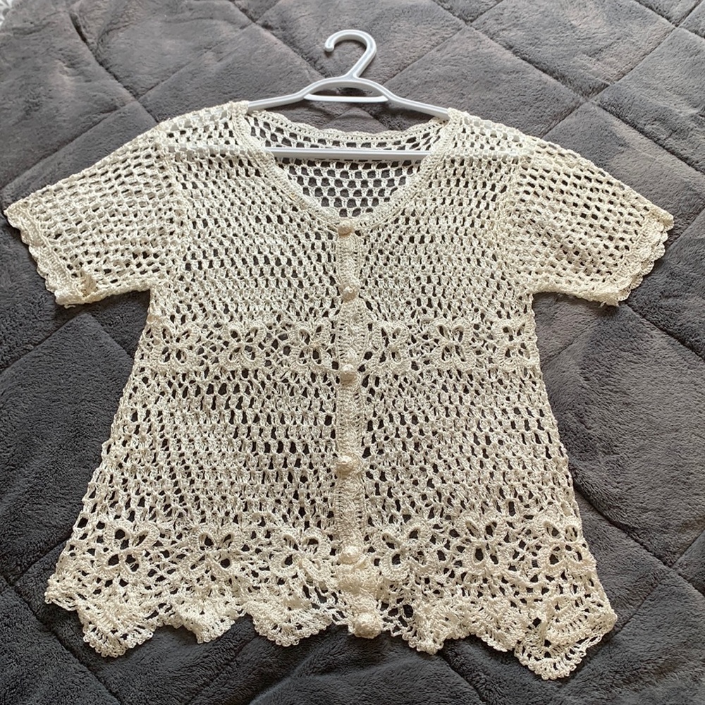 Cream-Coloured Bohemian Beaded Crocheted Jacket